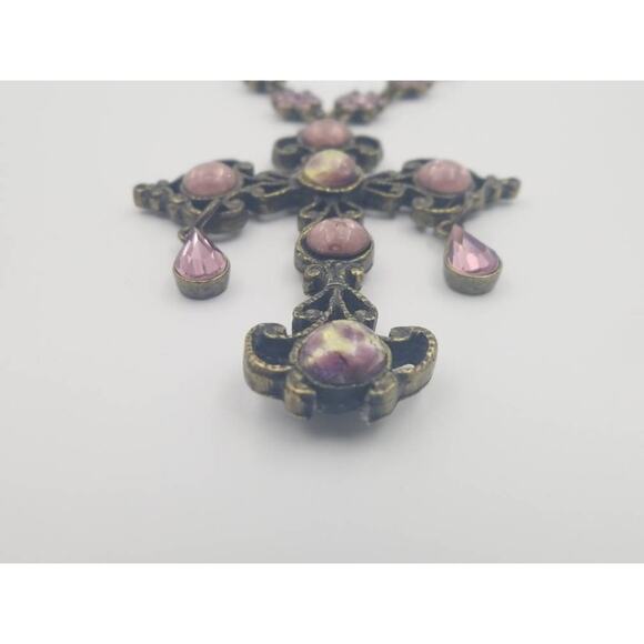 Vintage Nicky Butler Pink Moonstone Bronzetone Cross Statement Necklace in Box - Picture 7 of 12
